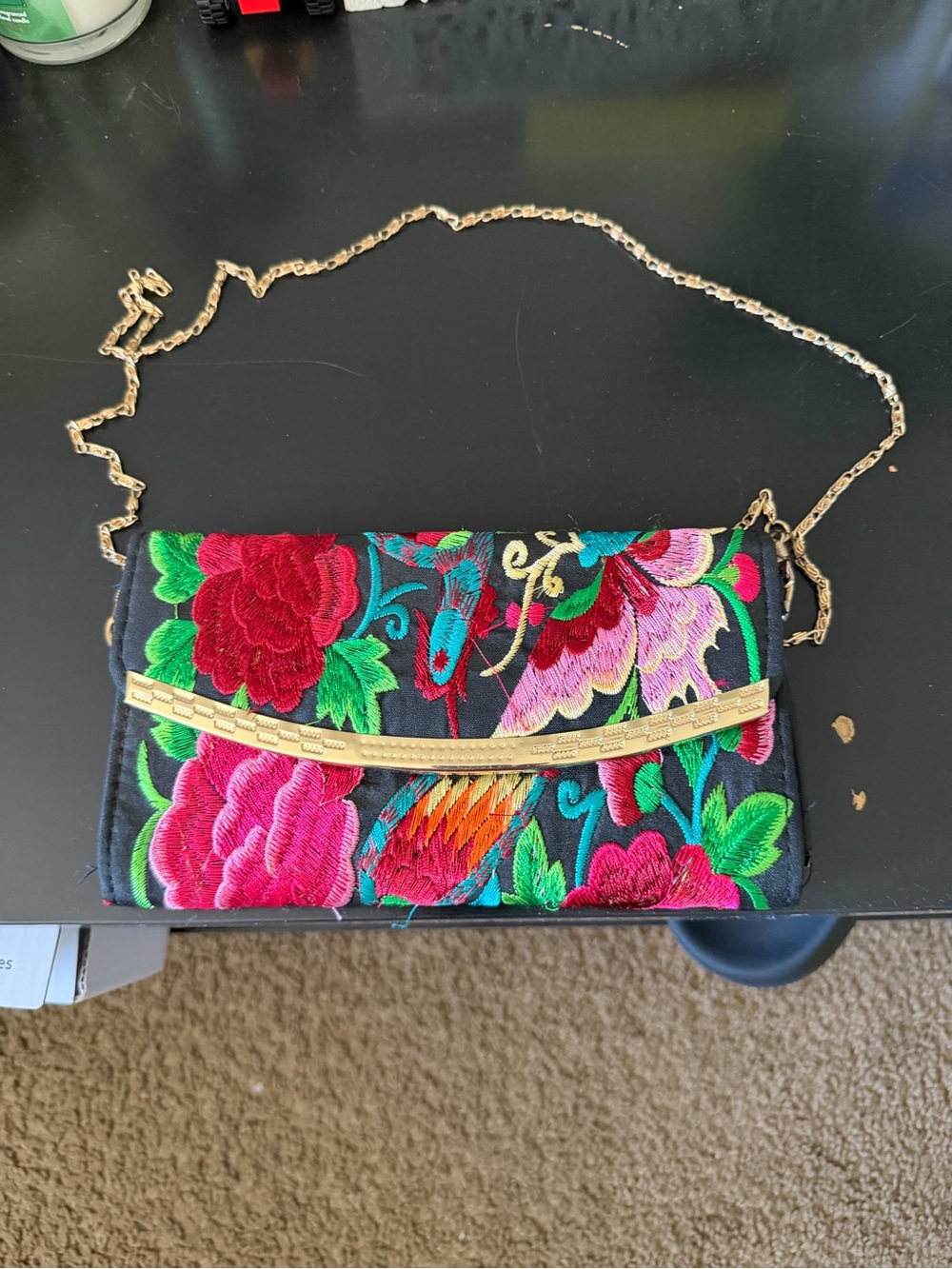 Embroidered Floral Evening Clutch with Gold Chain